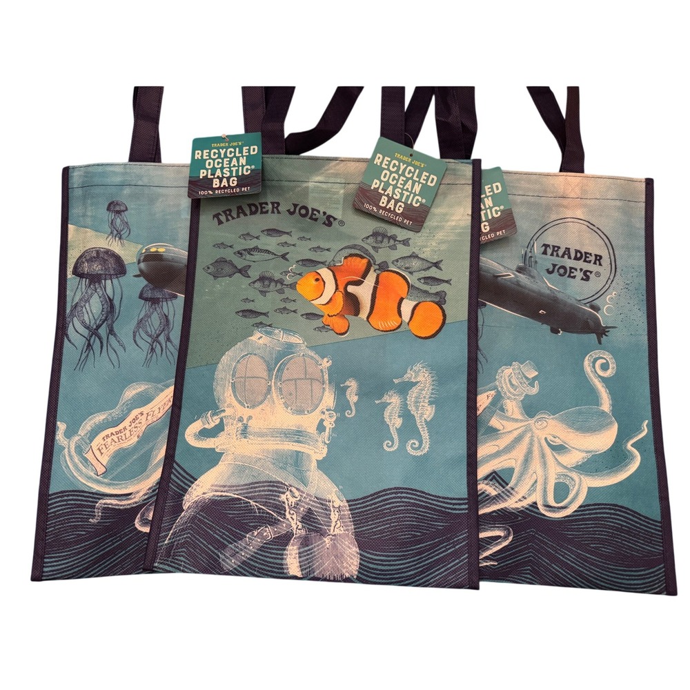 NEW Trader Joe's Reusable Grocery Bag Set 3 Blue Recycled Ocean Plastic